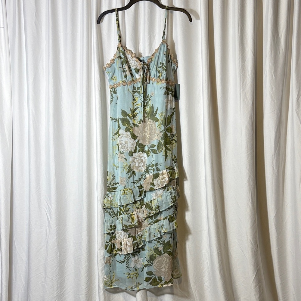 NWT Floral Tie-Front Ruffle Midi Dress Blue Green Boho Cottagecore Size M